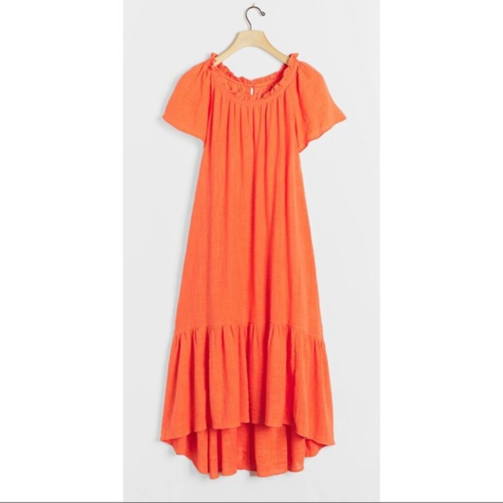 Orange Anthropologie Maeve Ruffled Trim High Low Flounce Midi Dress (NWT)